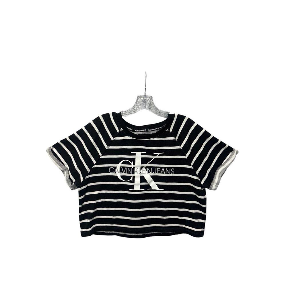 Calvin Klein Jeans Women's Large Black And White Striped Crop T-Shirt